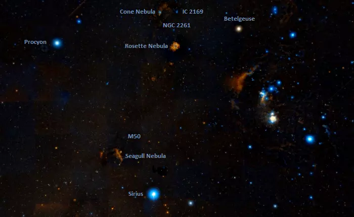 Procyon, Betelgeuse, Sirius, Rosette Nebula, Cone Nebula, Seagull Nebula,Messier 50