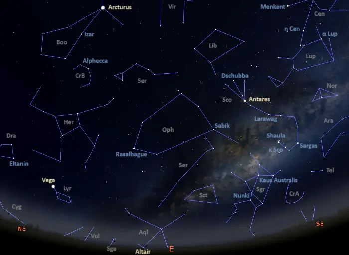 stars visible in the eastern sky tonight from equatorial latitudes