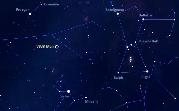 how to find v838 monocerotis,where is v838 monocerotis in the sky