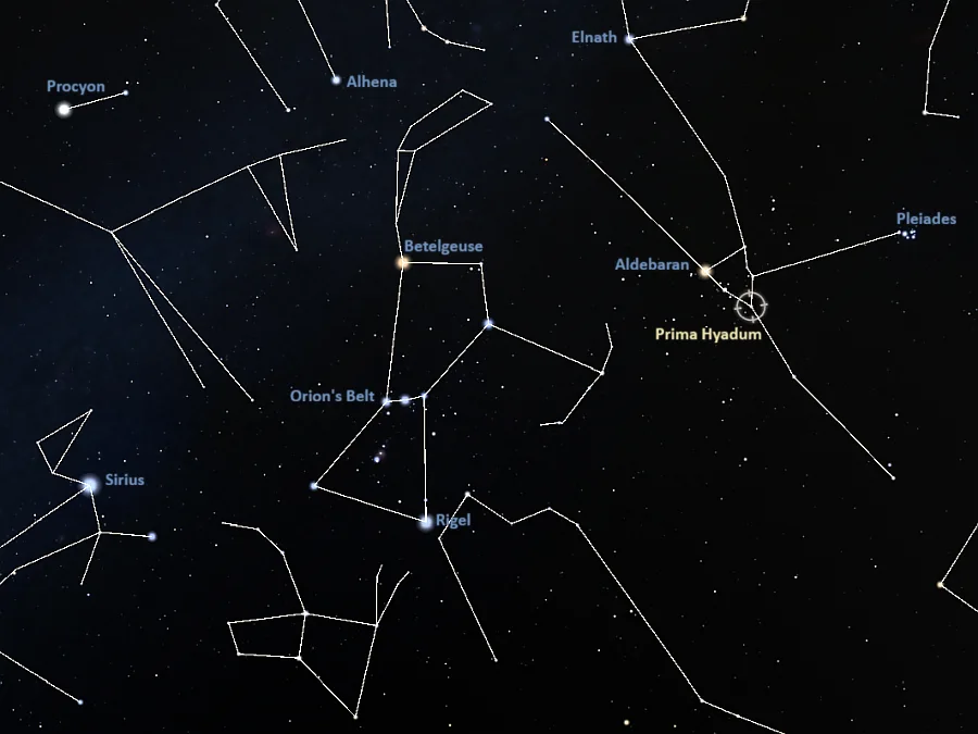 how to find prima hyadum,where is gamma tauri in the sky,prima hyadum finder chart