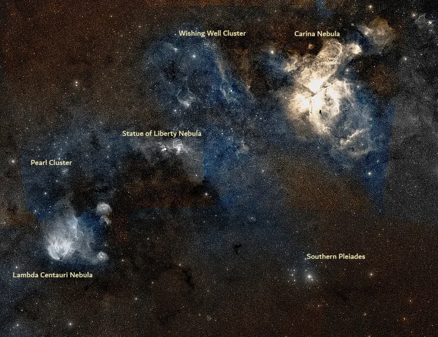 ic 2602,southern pleiades,ic 2944,carina nebula,statue of liberty nebula